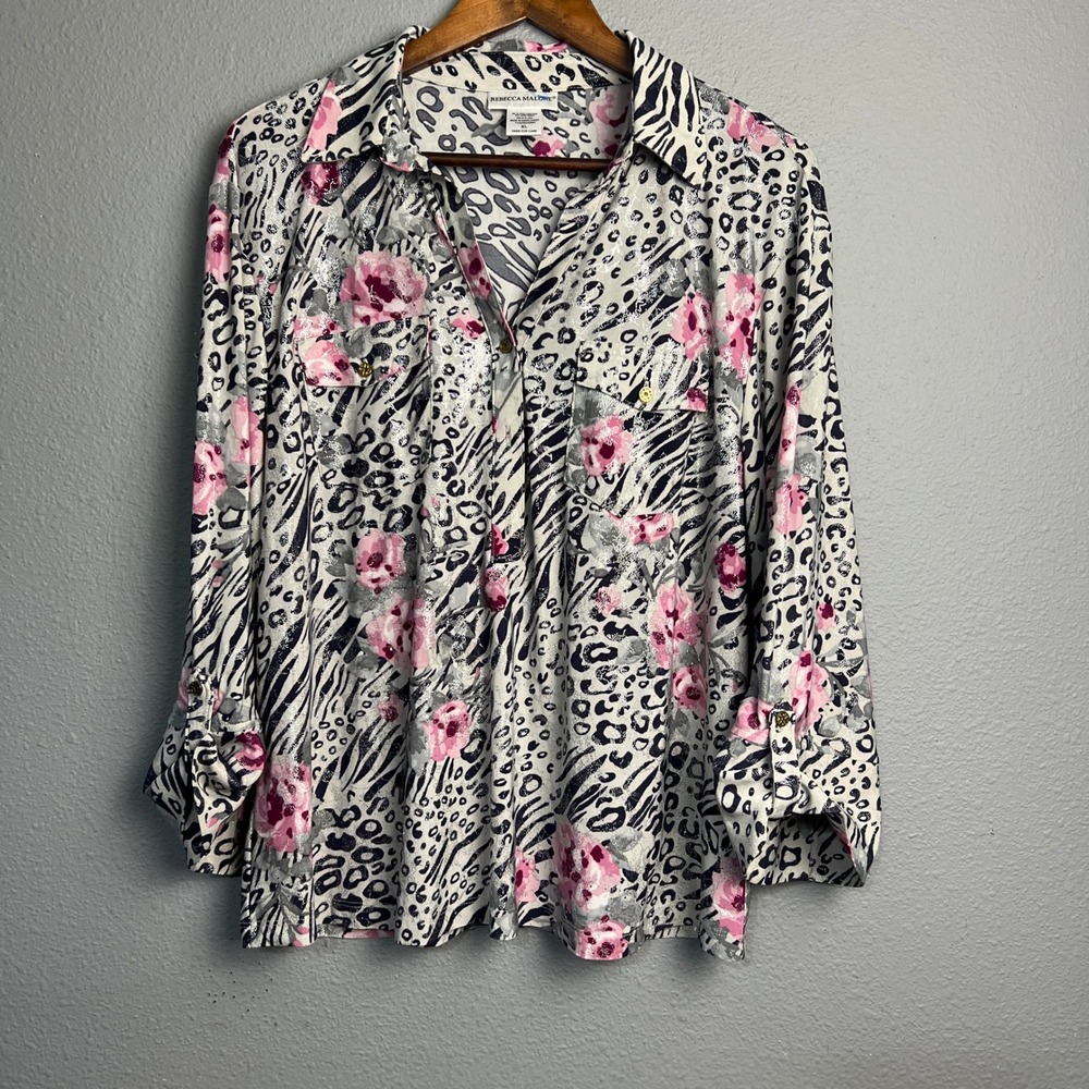 Rebecca Malone XL Pink Shimmer Floral Animal Print Blouse L/SL Flowy Button Down